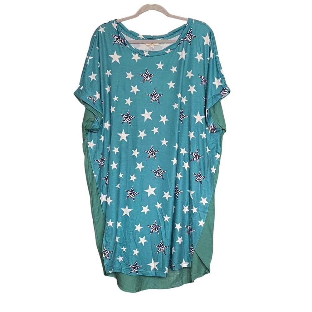 Umgee Boutique Teal Star Zebra Animal Print Linen Dress Womens Size Large NWT